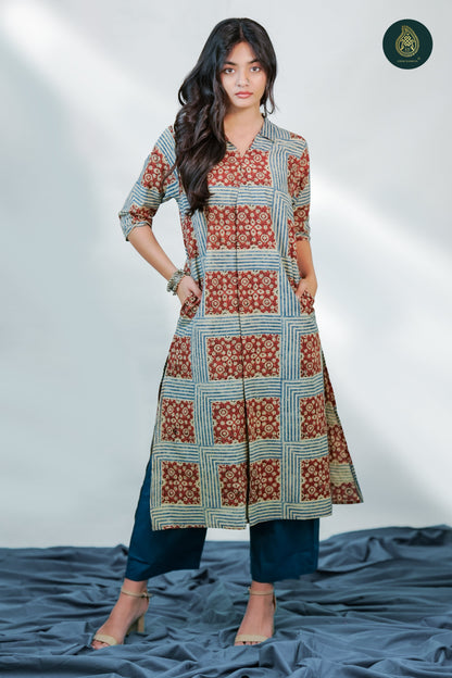 Ajrakh Shatranji - Ajrakh Handblock Cotton Stitched 2Pc Suit Set