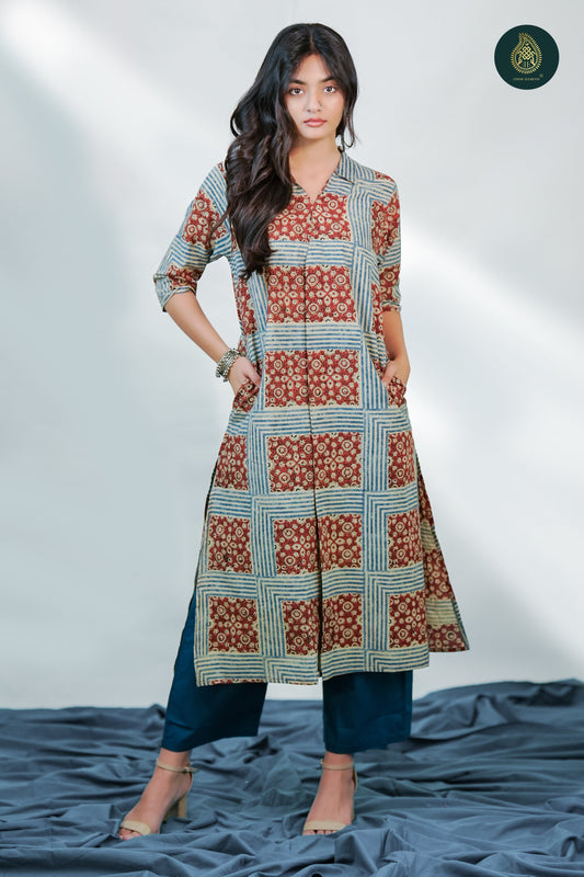 Ajrakh Shatranji - Ajrakh Handblock Cotton Stitched 2Pc Suit Set