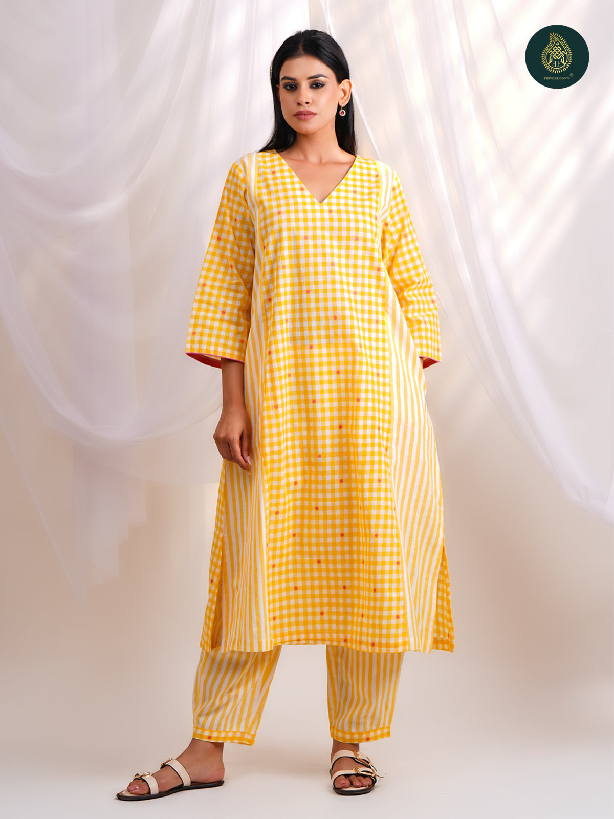 Sunny Yellow Gingham Check -   Afghani Salwar Stitched 2Pc Suit Set