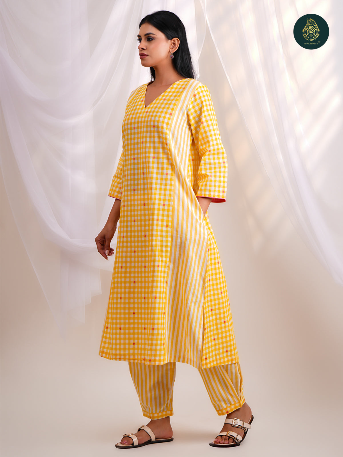 Sunny Yellow Gingham Check -   Afghani Salwar Stitched 2Pc Suit Set