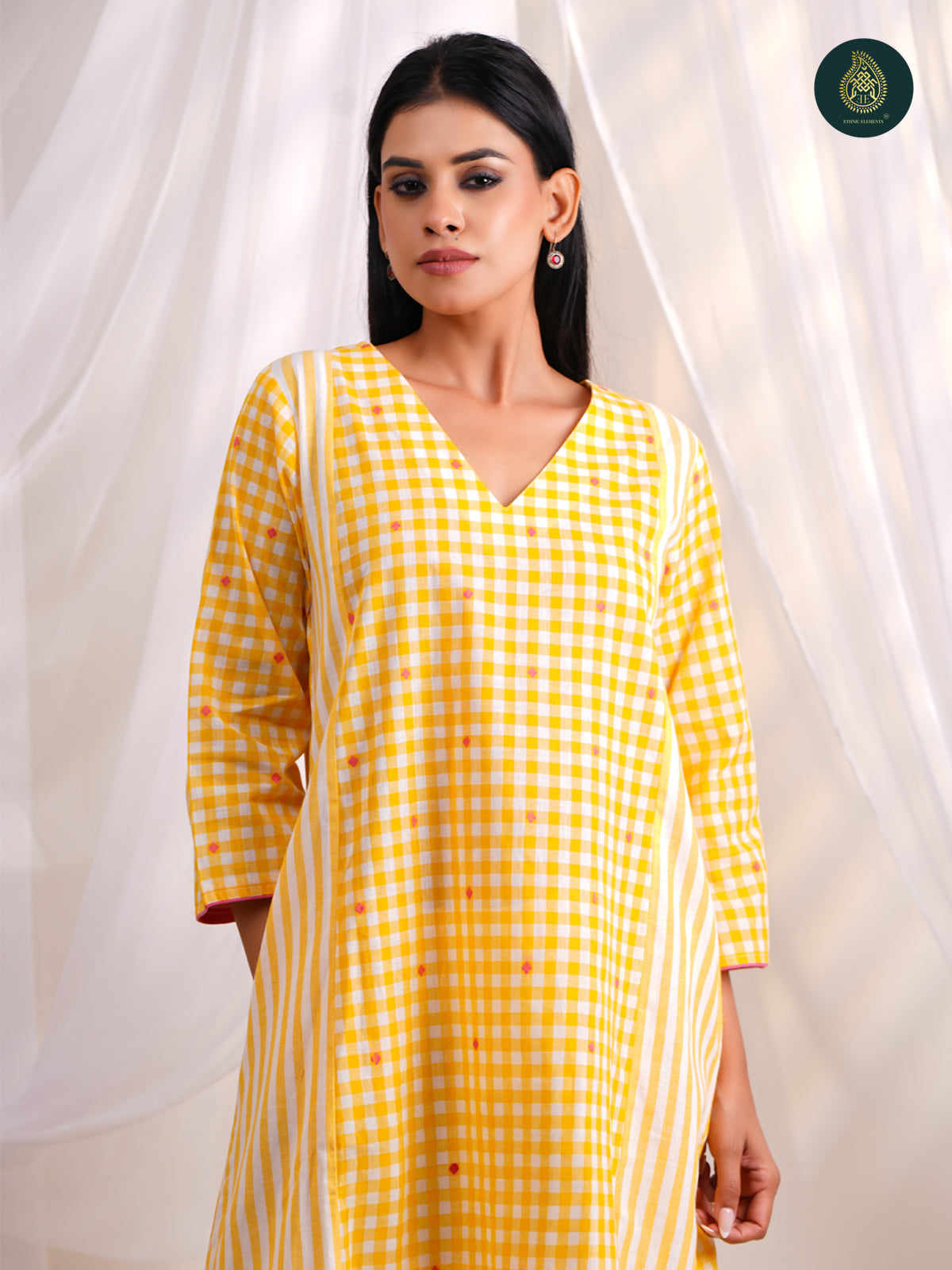 Sunny Yellow Gingham Check -   Afghani Salwar Stitched 2Pc Suit Set