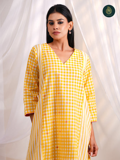 Sunny Yellow Gingham Check -   Afghani Salwar Stitched 2Pc Suit Set
