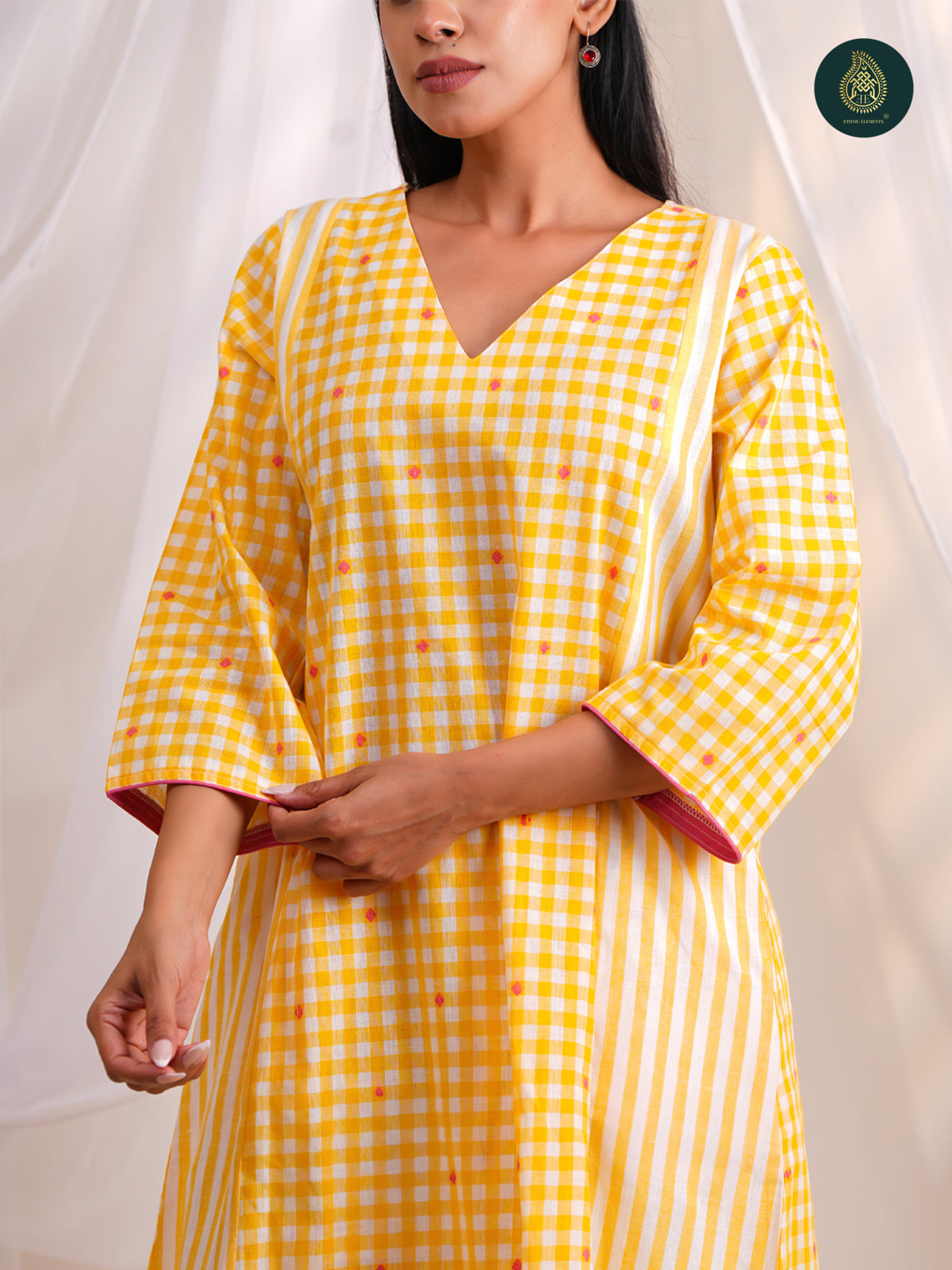 Sunny Yellow Gingham Check -   Afghani Salwar Stitched 2Pc Suit Set