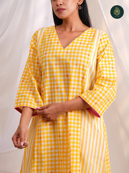 Sunny Yellow Gingham Check -   Afghani Salwar Stitched 2Pc Suit Set