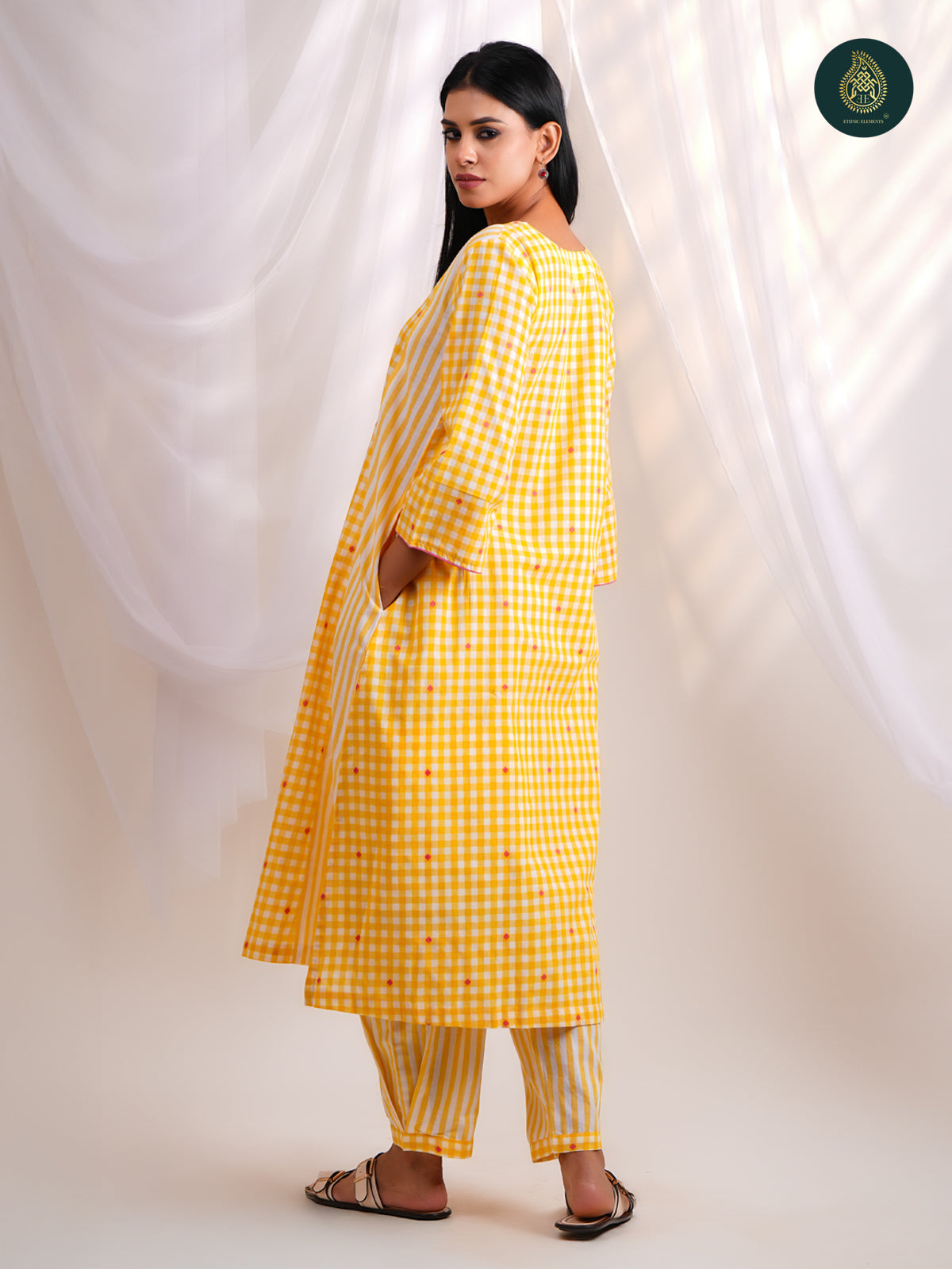 Sunny Yellow Gingham Check -   Afghani Salwar Stitched 2Pc Suit Set