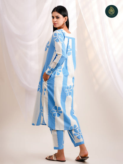 Serene Sky Blue Floral- Afghani Salwar Stitched 2Pc Suit Set