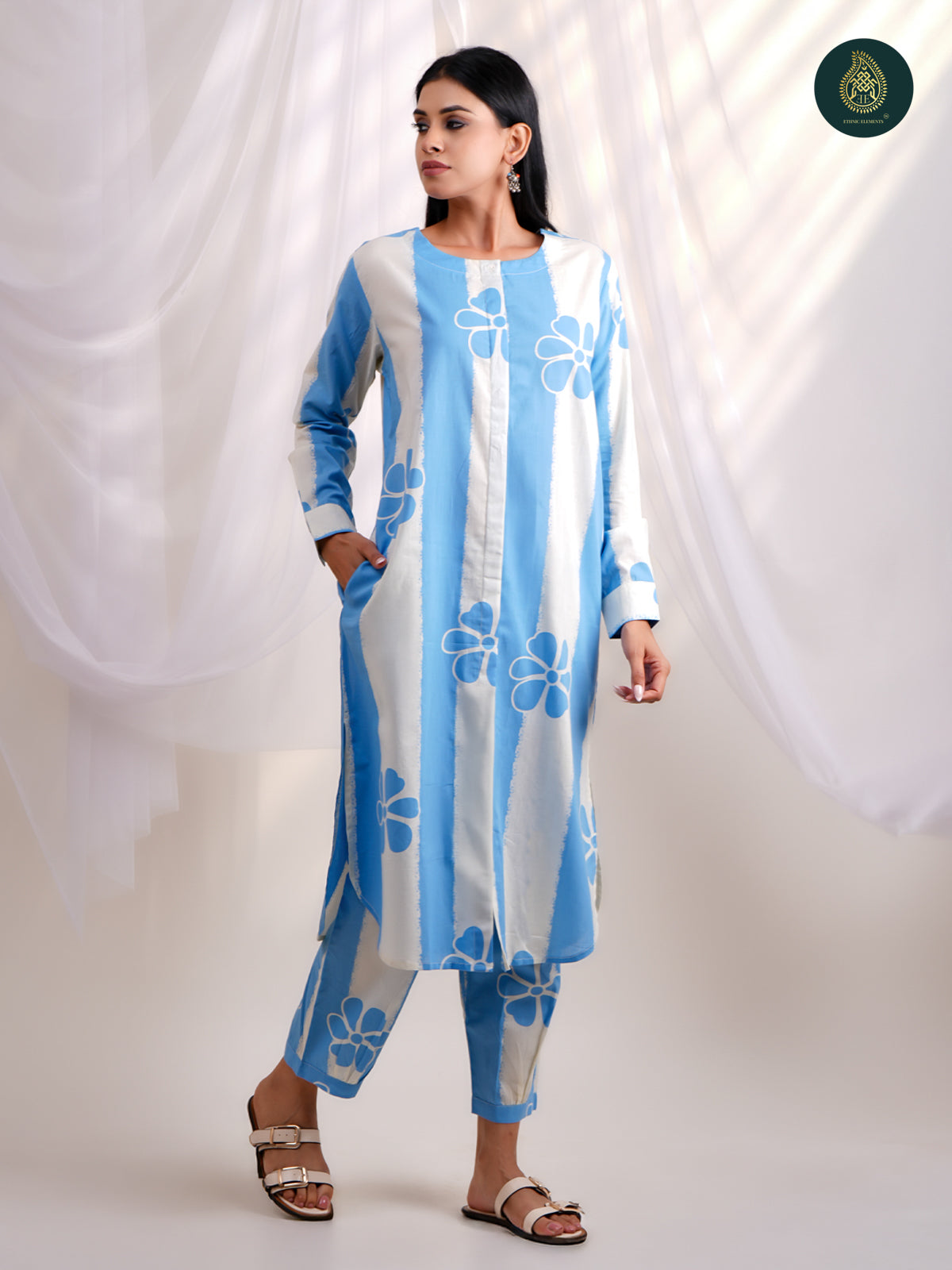 Serene Sky Blue Floral- Afghani Salwar Stitched 2Pc Suit Set