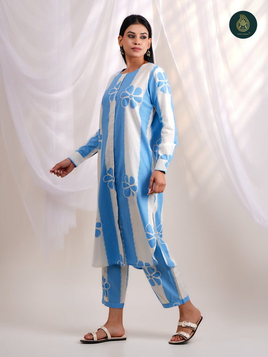 Serene Sky Blue Floral- Afghani Salwar Stitched 2Pc Suit Set
