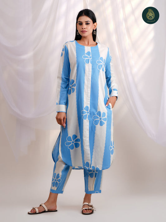Serene Sky Blue Floral- Afghani Salwar Stitched 2Pc Suit Set