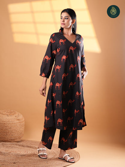 Chic Camel Print - Cotton Stitched 2Pc Suit Set