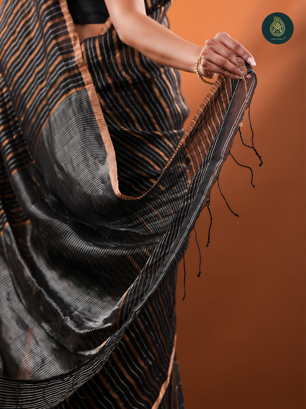 Black Jamdani Silk Tissue Saree with Gold Zari Stripes For Women