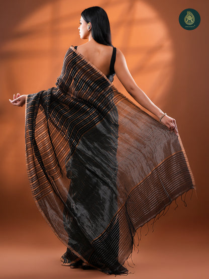 Black Jamdani Silk Tissue Saree with Gold Zari Stripes For Women