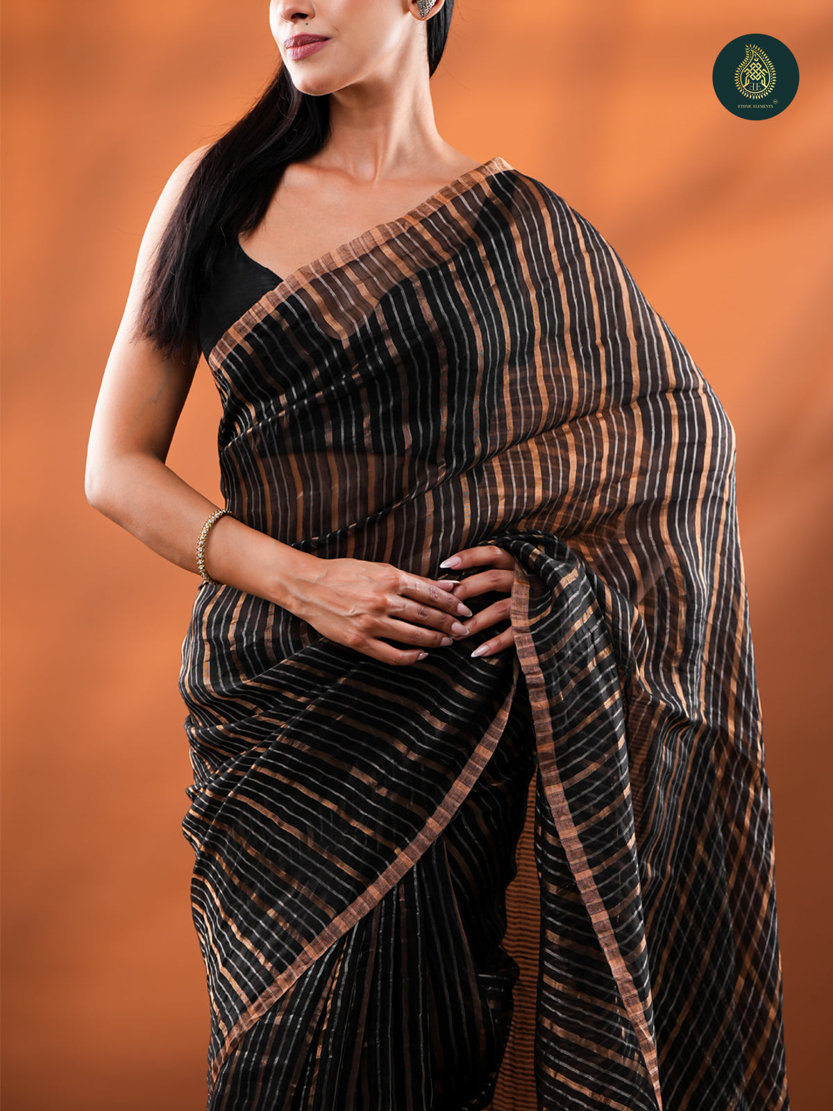 Black Jamdani Silk Tissue Saree with Gold Zari Stripes For Women