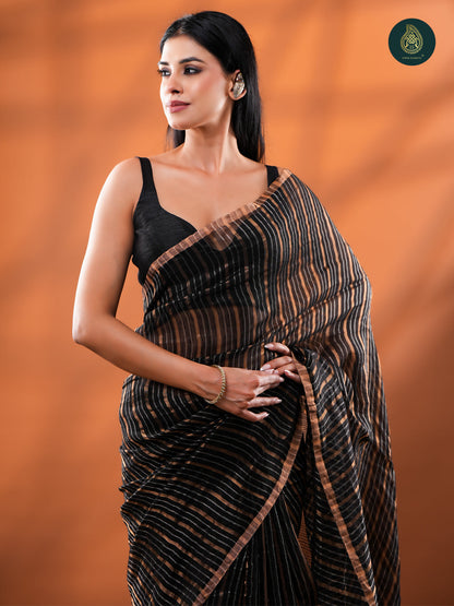 Black Jamdani Silk Tissue Saree with Gold Zari Stripes For Women