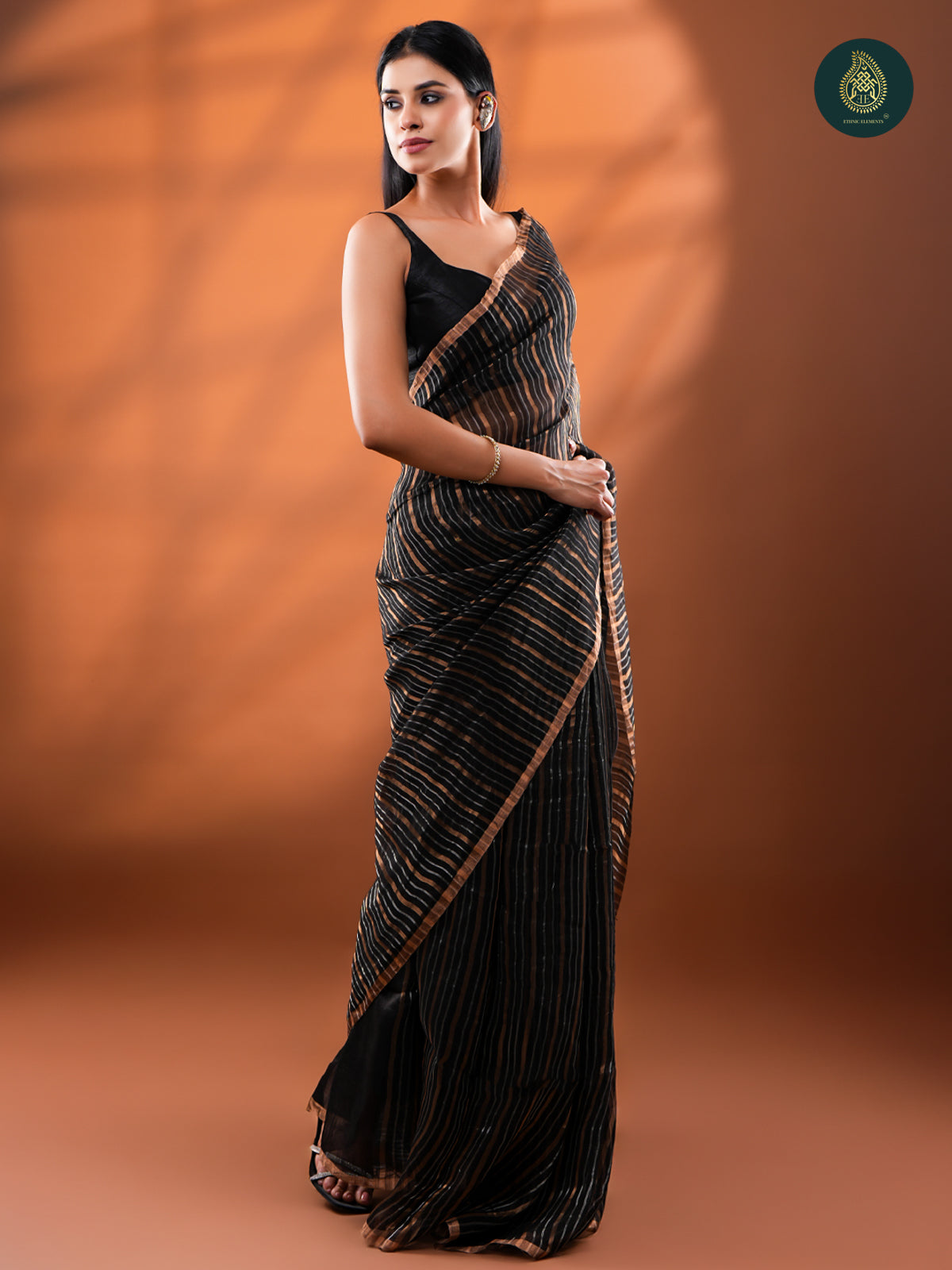 Black Jamdani Silk Tissue Saree with Gold Zari Stripes For Women