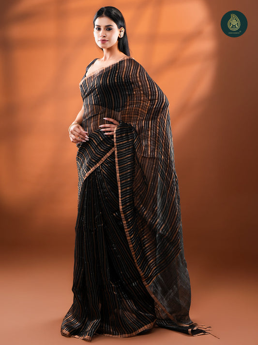 Black Jamdani Silk Tissue Saree with Gold Zari Stripes For Women