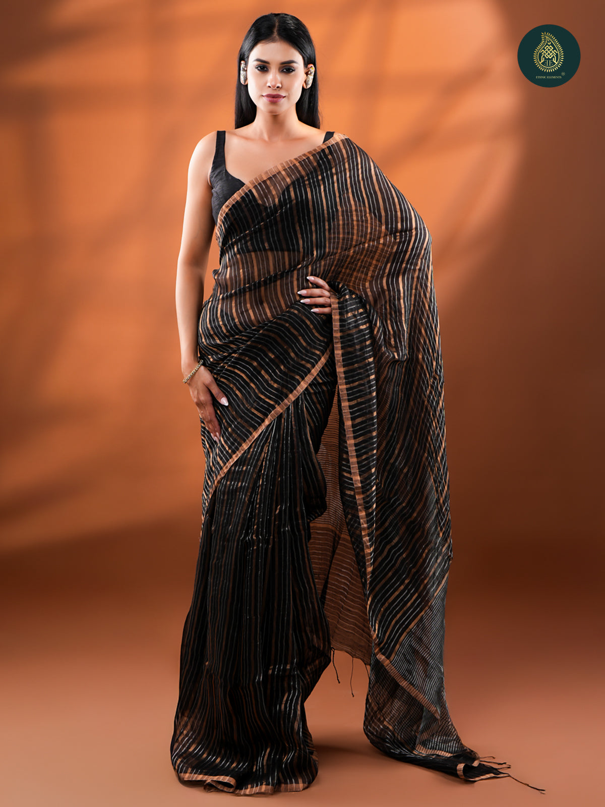 Black Jamdani Silk Tissue Saree with Gold Zari Stripes For Women