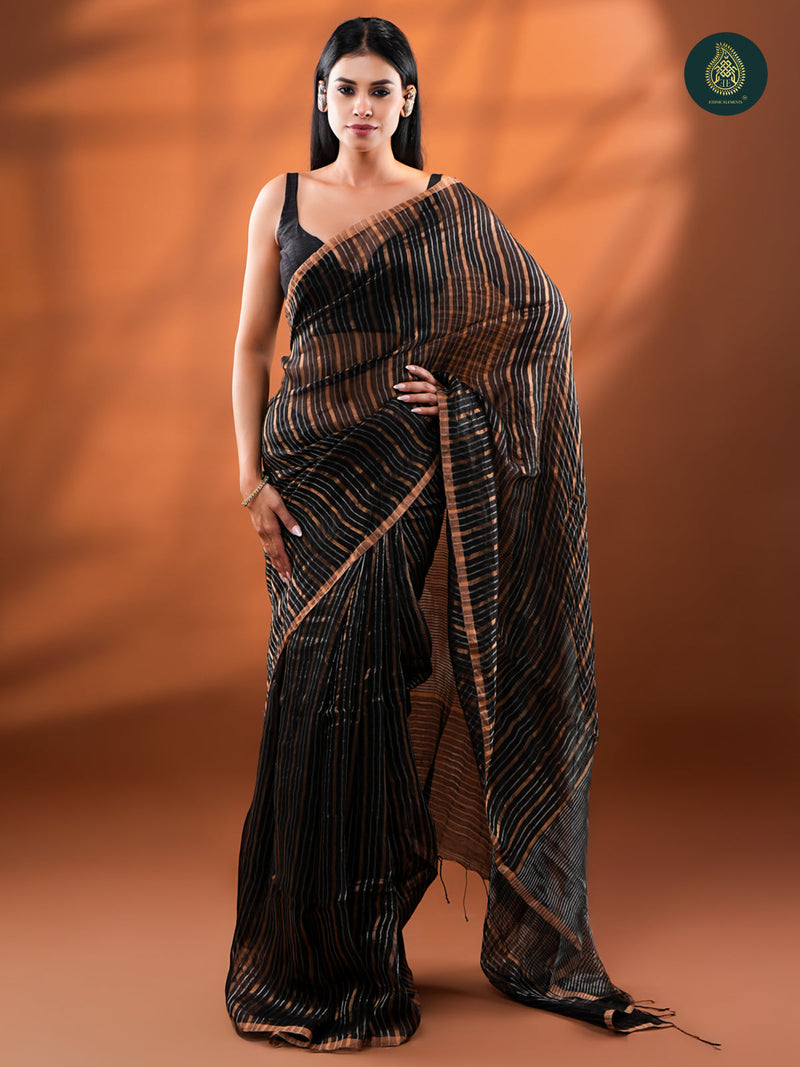 Black Jamdani Silk Tissue Saree with Gold Zari Stripes For Women