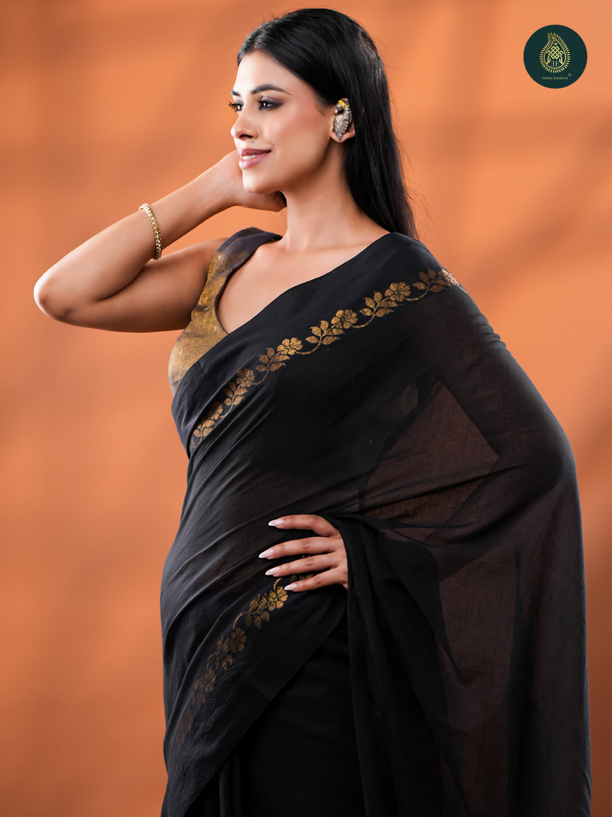 Classic Black Mul Cotton Saree with Gold Floral Border