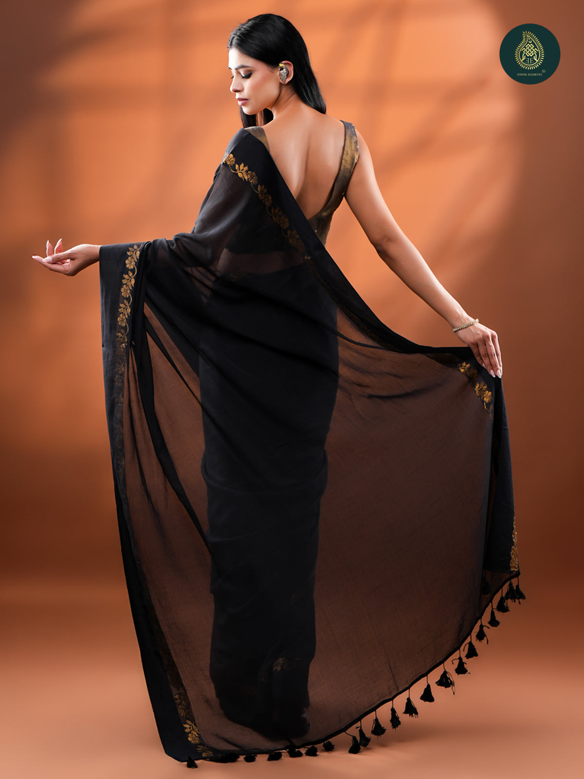 Classic Black Mul Cotton Saree with Gold Floral Border