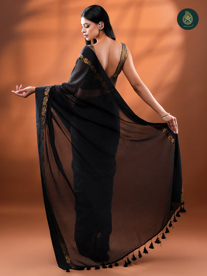 Classic Black Mul Cotton Saree with Gold Floral Border