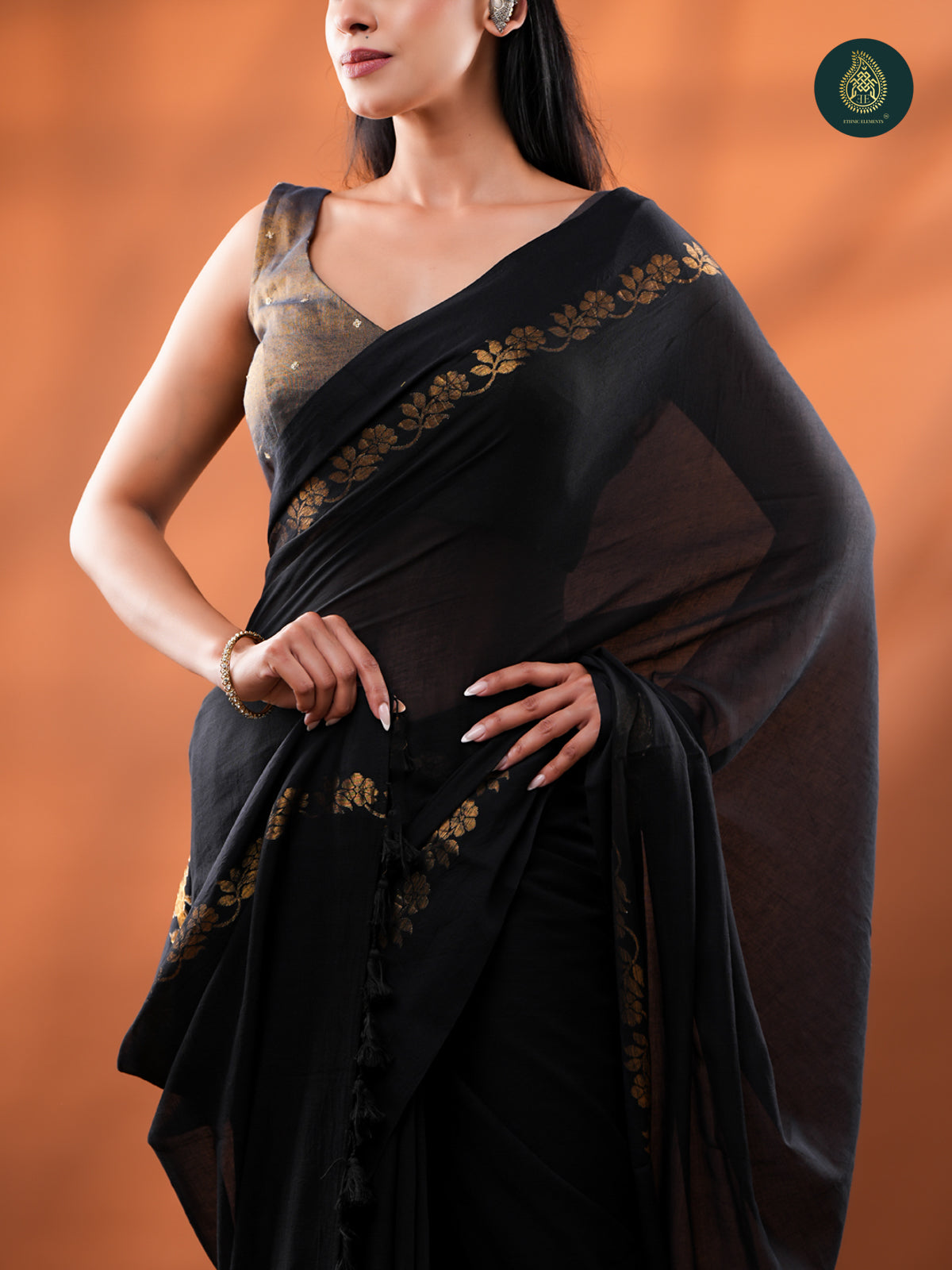 Classic Black Mul Cotton Saree with Gold Floral Border
