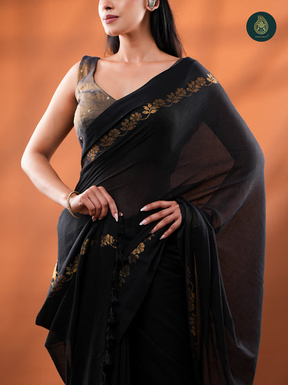 Classic Black Mul Cotton Saree with Gold Floral Border