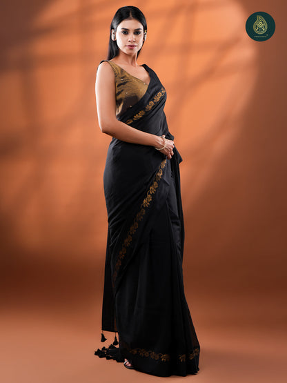 Classic Black Mul Cotton Saree with Gold Floral Border