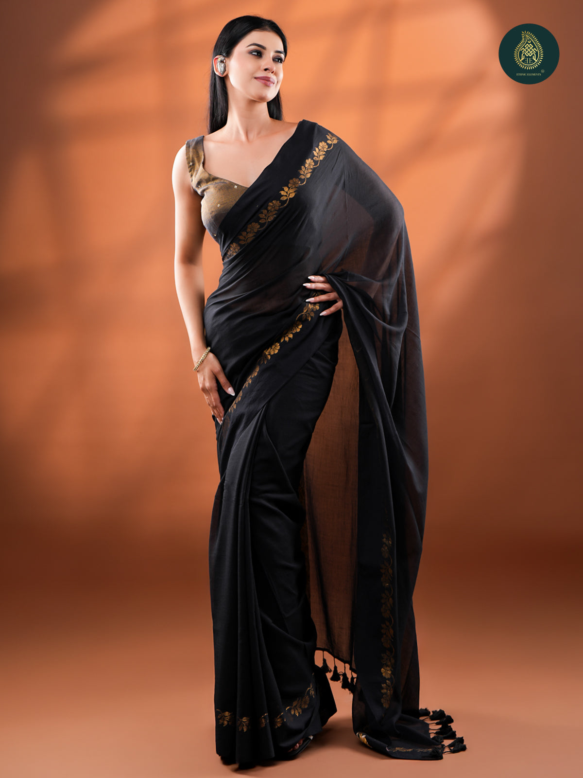 Classic Black Mul Cotton Saree with Gold Floral Border