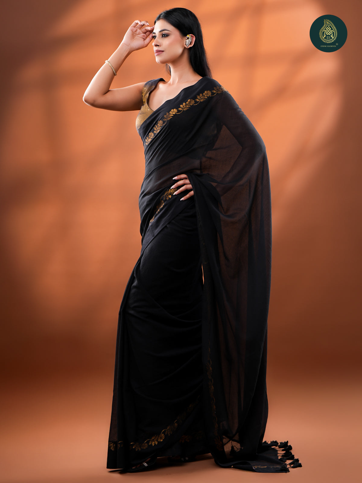 Classic Black Mul Cotton Saree with Gold Floral Border