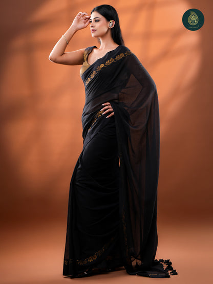 Classic Black Mul Cotton Saree with Gold Floral Border