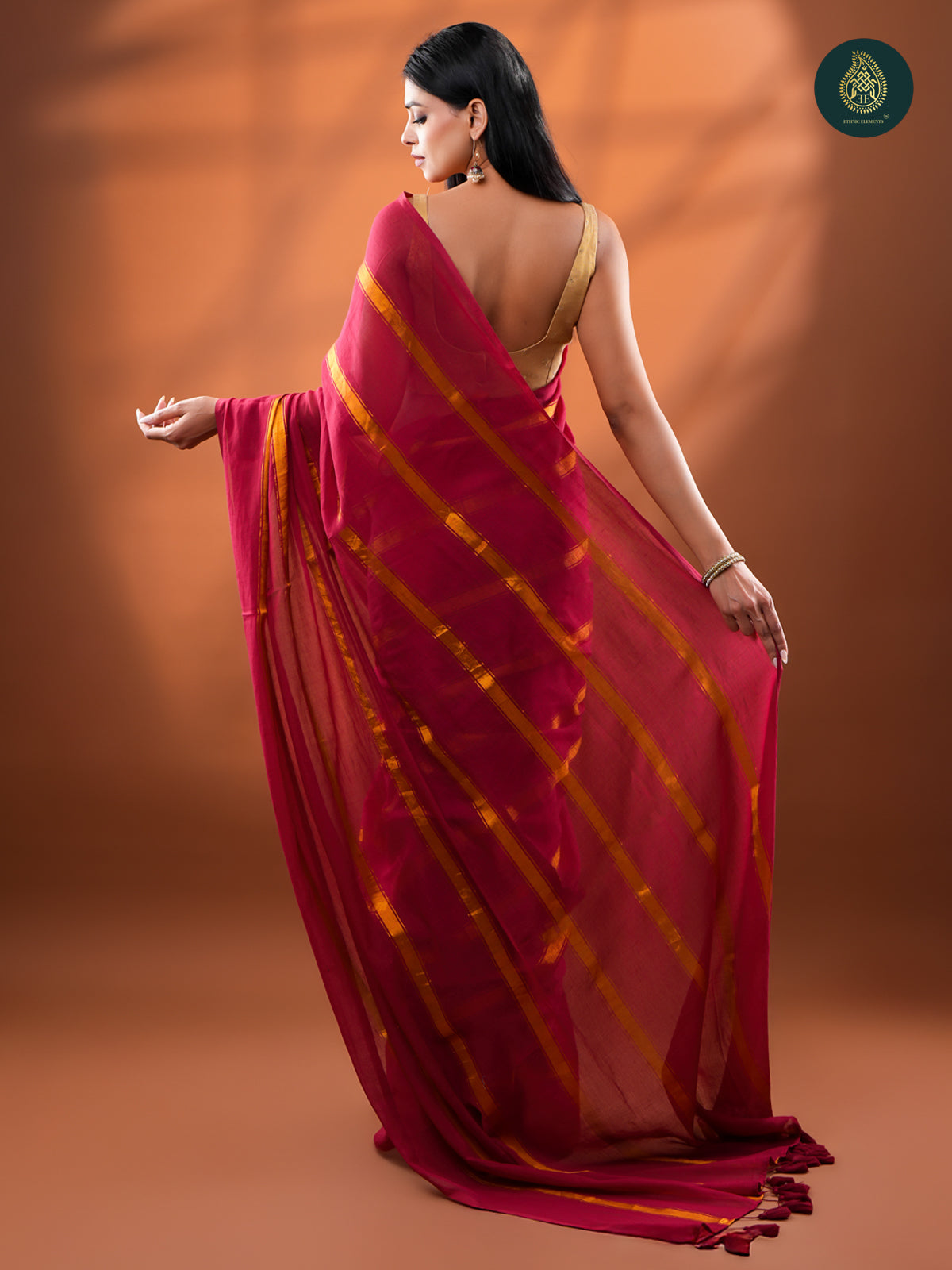 Red Golden Zari Stripped Mul Cotton Saree