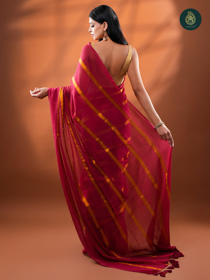 Red Golden Zari Stripped Mul Cotton Saree