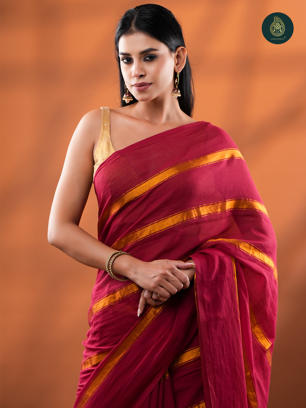Red Golden Zari Stripped Mul Cotton Saree