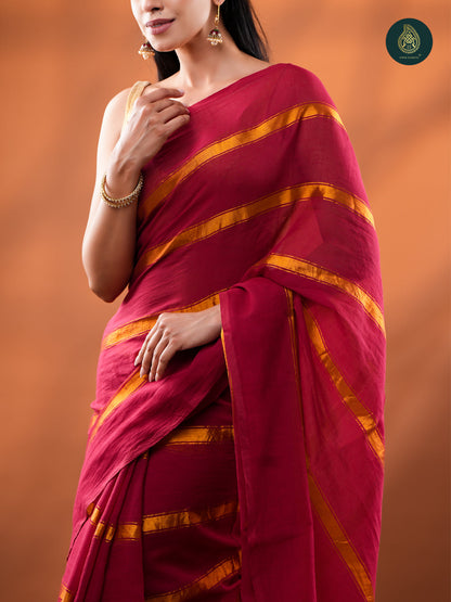 Red Golden Zari Stripped Mul Cotton Saree