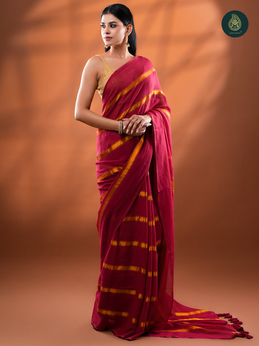 Red Golden Zari Stripped Mul Cotton Saree