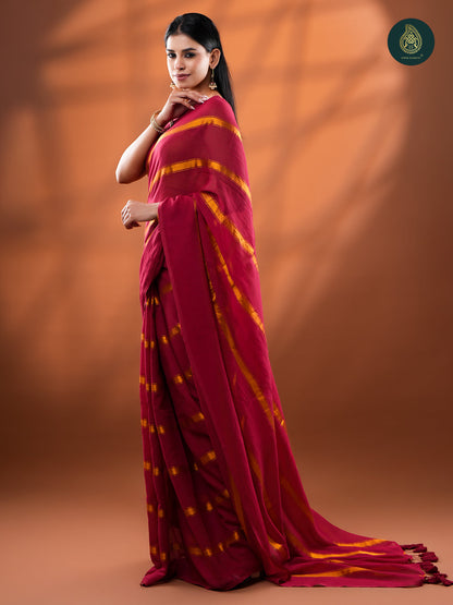 Red Golden Zari Stripped Mul Cotton Saree