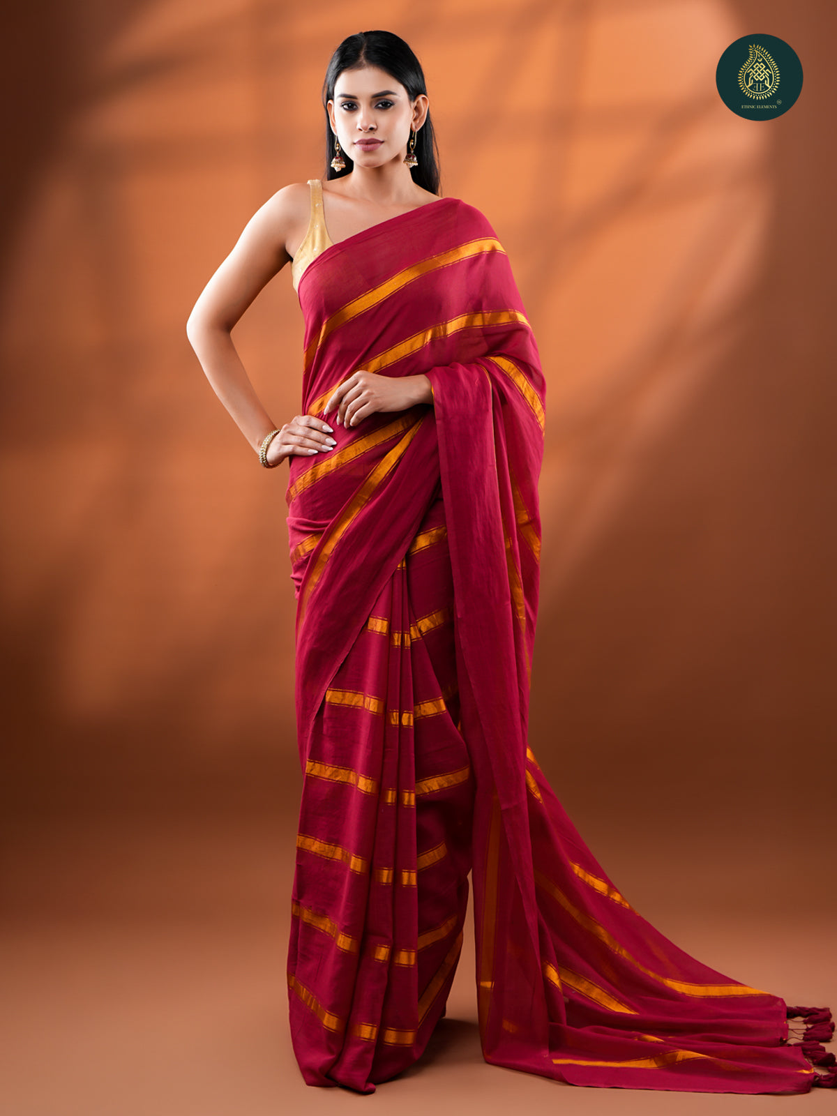 Red Golden Zari Stripped Mul Cotton Saree