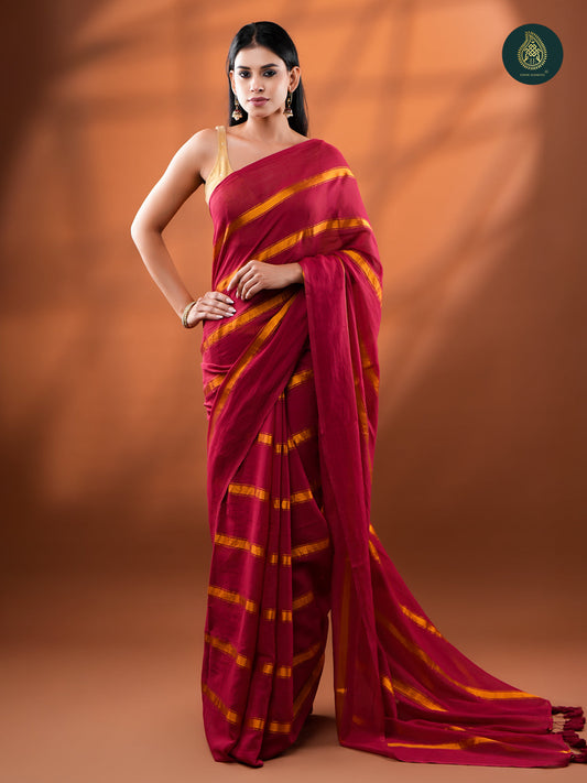 Red Golden Zari Stripped Mul Cotton Saree