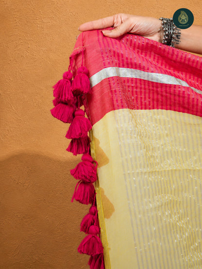 Mul Cotton Saree With Contrast Border Zari Aura - Lime Aura