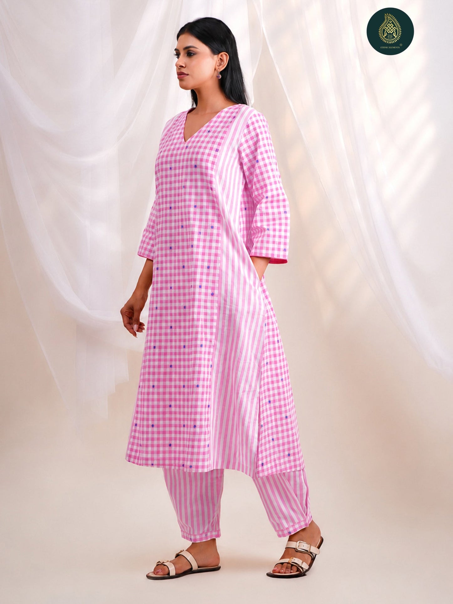 Pink Gingham Check -   Afghani Salwar Stitched 2Pc Suit Set For Women