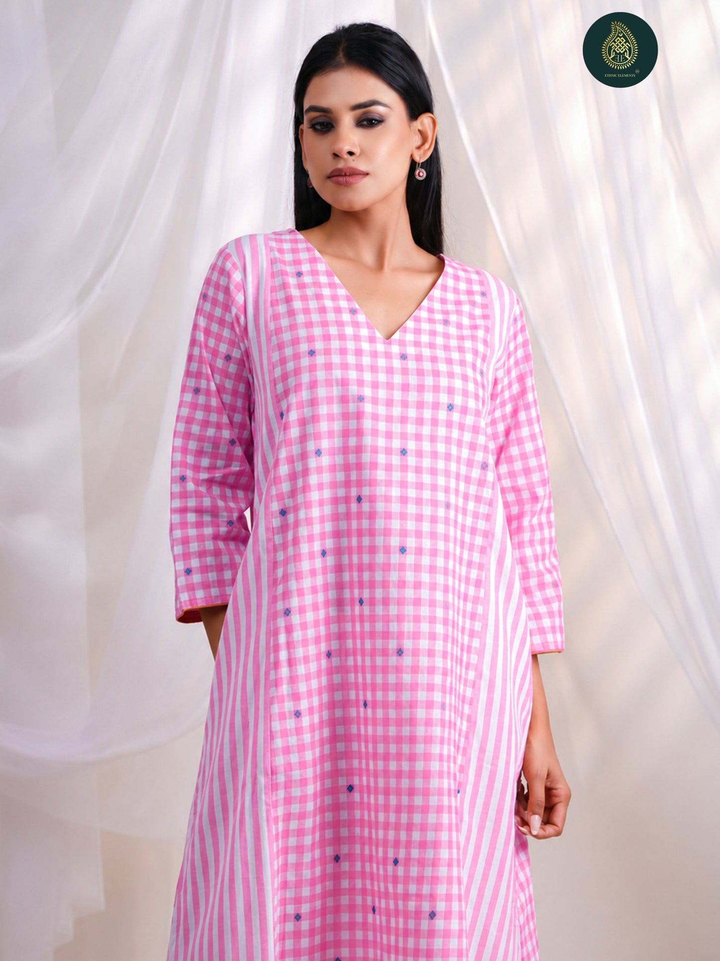 Pink Gingham Check -   Afghani Salwar Stitched 2Pc Suit Set For Women