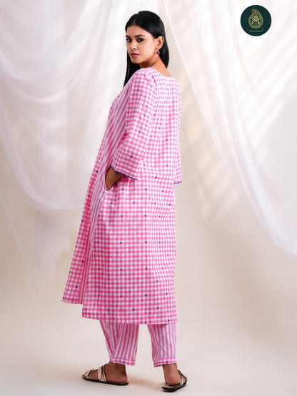 Pink Gingham Check -   Afghani Salwar Stitched 2Pc Suit Set For Women