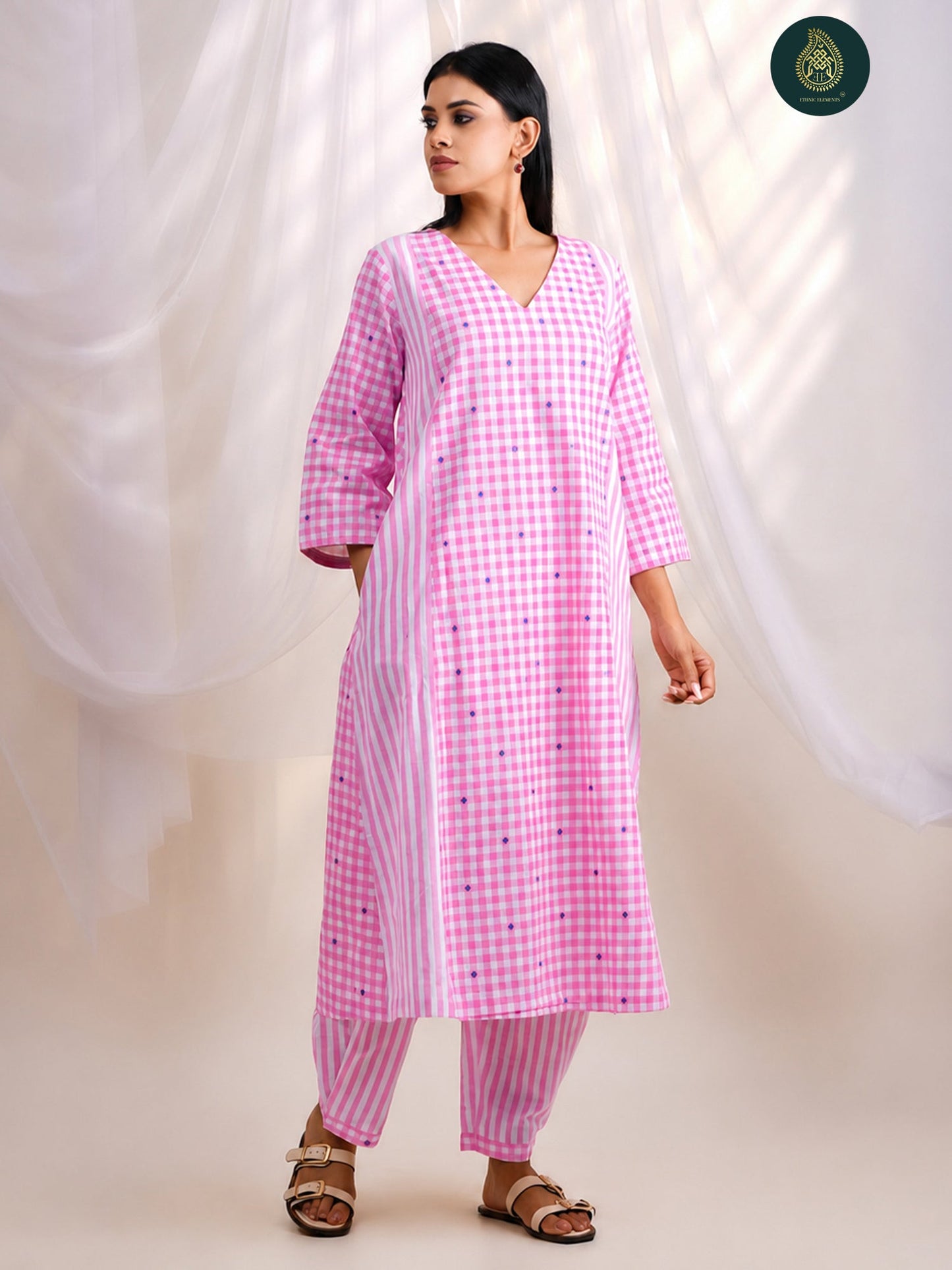 Pink Gingham Check -   Afghani Salwar Stitched 2Pc Suit Set For Women