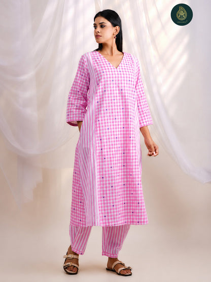 Pink Gingham Check -   Afghani Salwar Stitched 2Pc Suit Set For Women