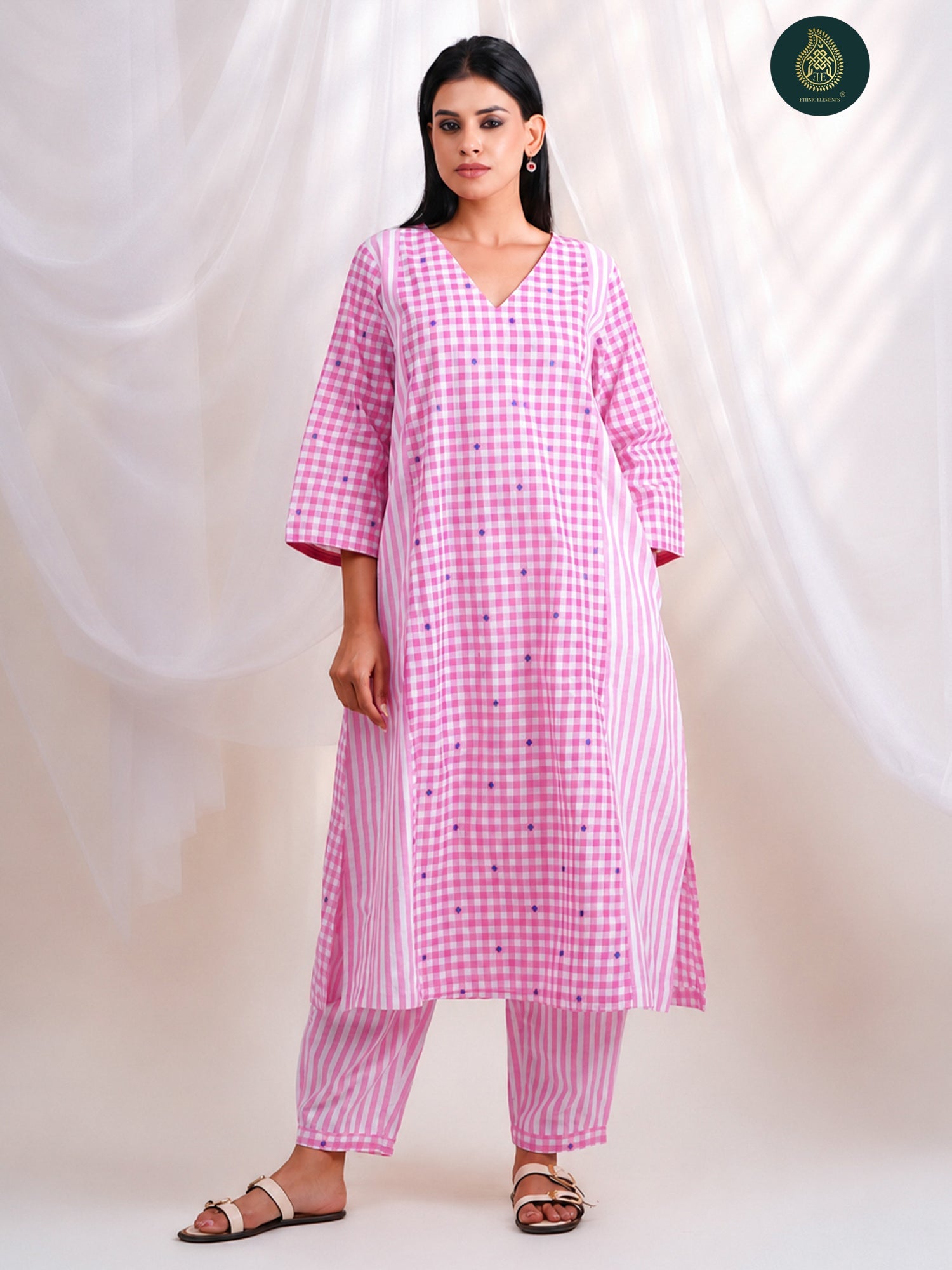 Pink Gingham Check -   Afghani Salwar Stitched 2Pc Suit Set For Women