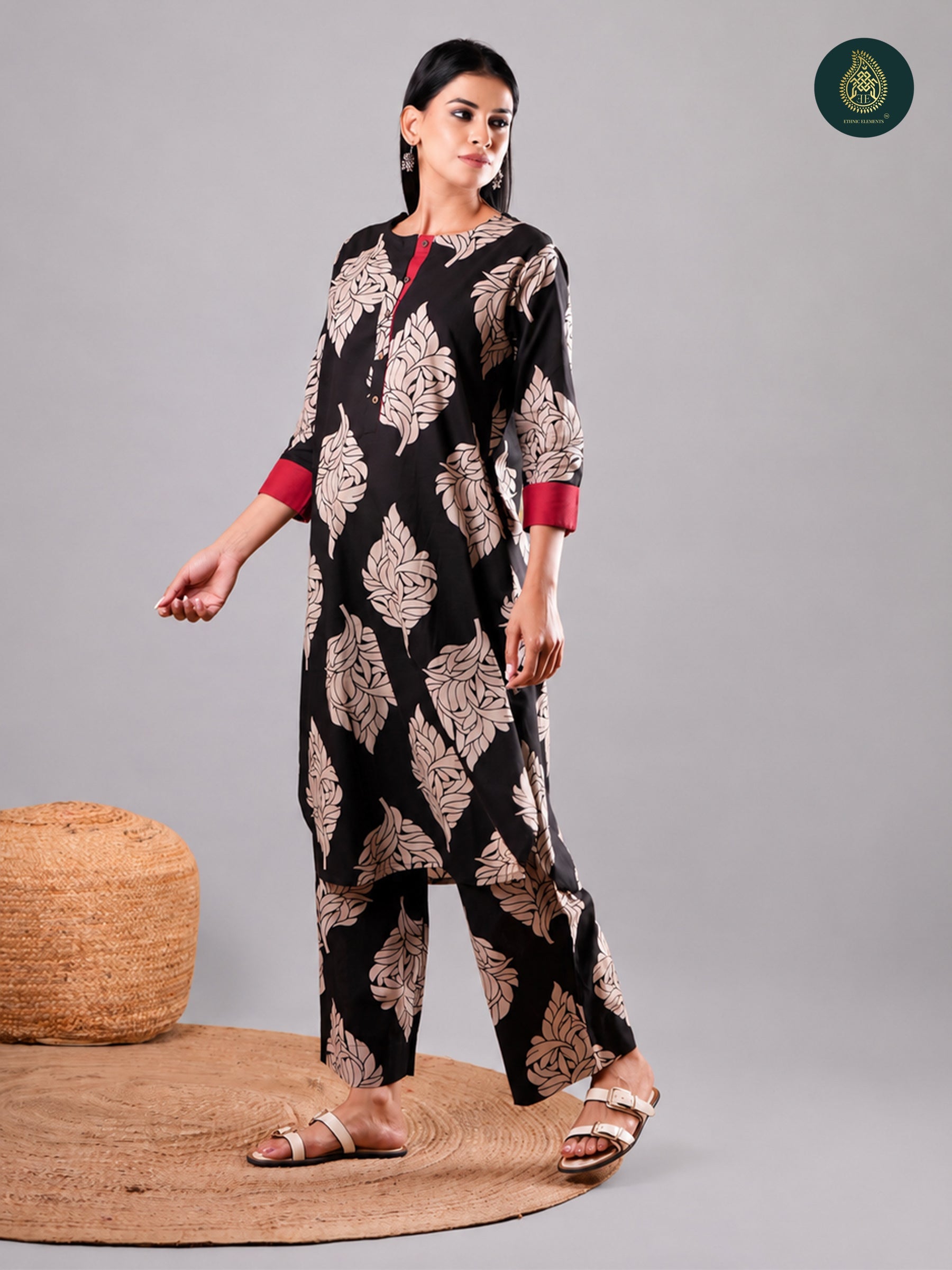 Elegant Black Beige Flora - Cotton Stitched 2Pc Suit Set