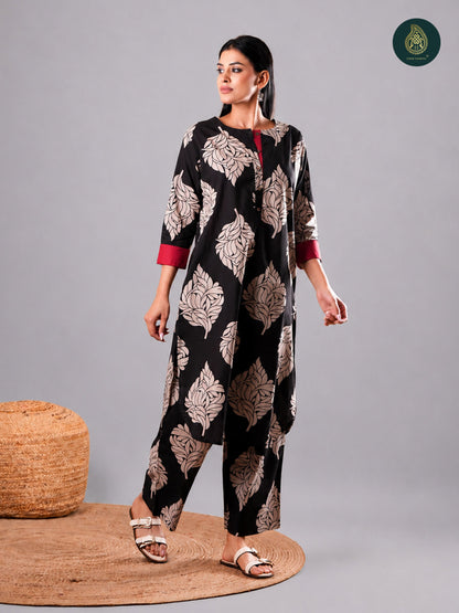 Elegant Black Beige Flora - Cotton Stitched 2Pc Suit Set