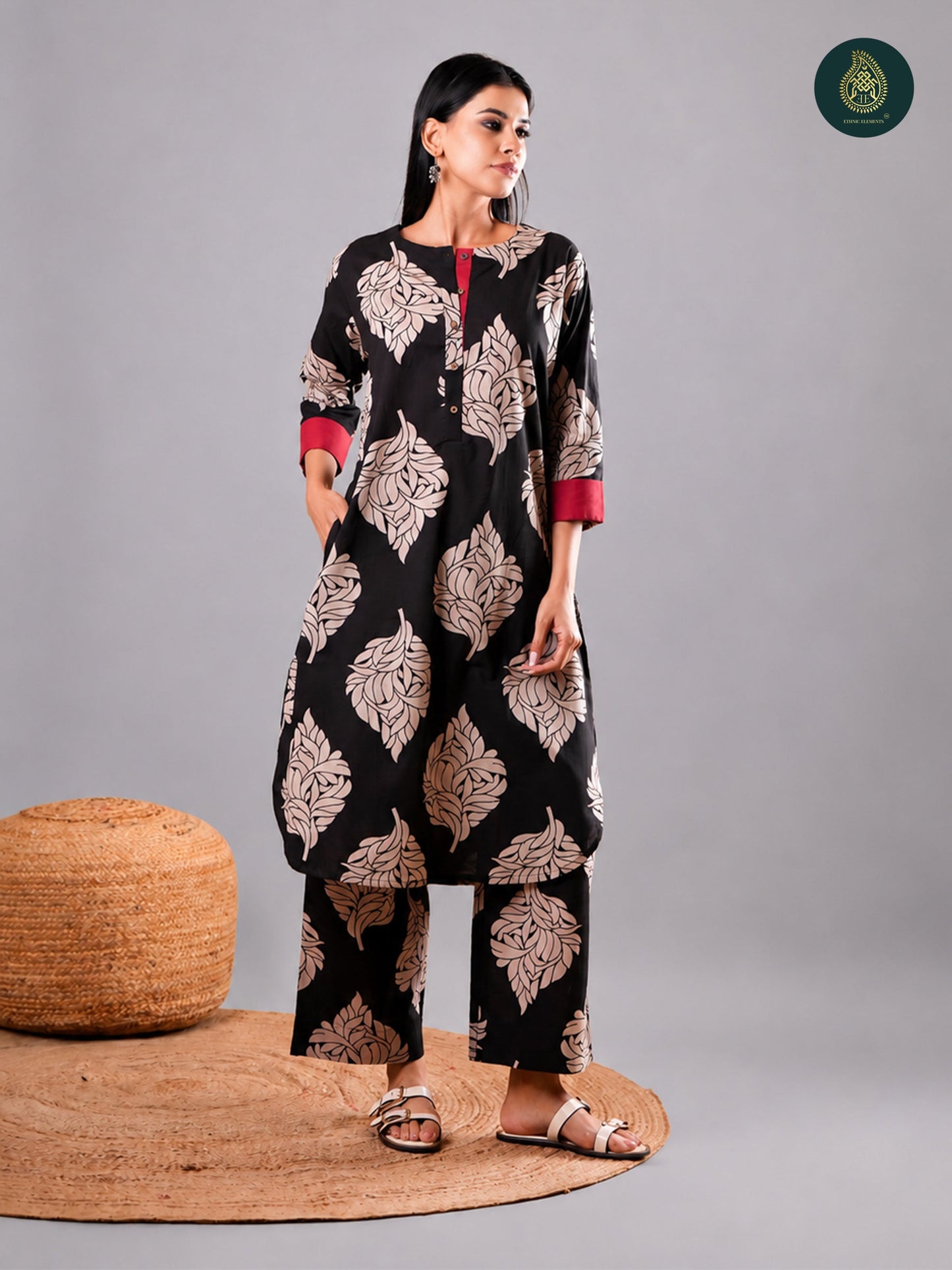 Elegant Black Beige Flora - Cotton Stitched 2Pc Suit Set