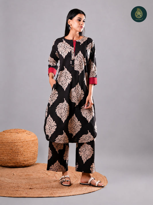 Elegant Black Beige Flora - Cotton Stitched 2Pc Suit Set